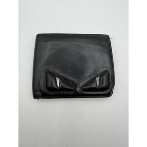 RARE Fendi Monster Eye Mens Wallet Black Leather Bifold Silver